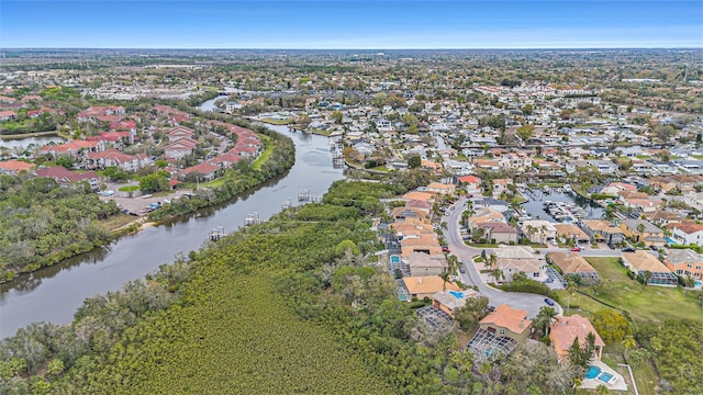 aerial view with a water view and a residential view