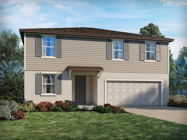 traditional-style home featuring driveway, a garage, a front lawn, and stucco siding