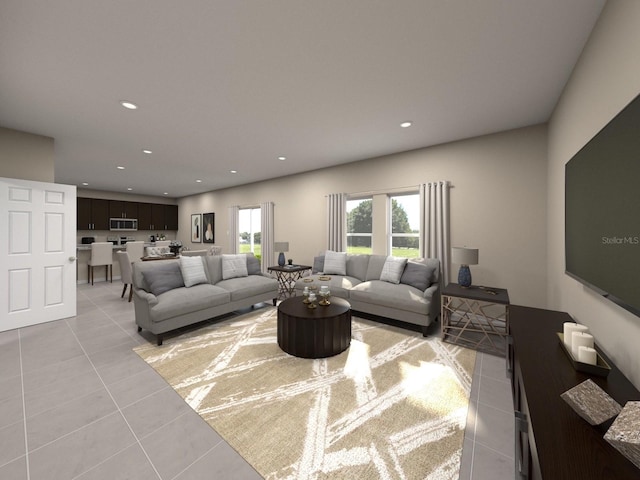 living room featuring recessed lighting and light tile patterned floors