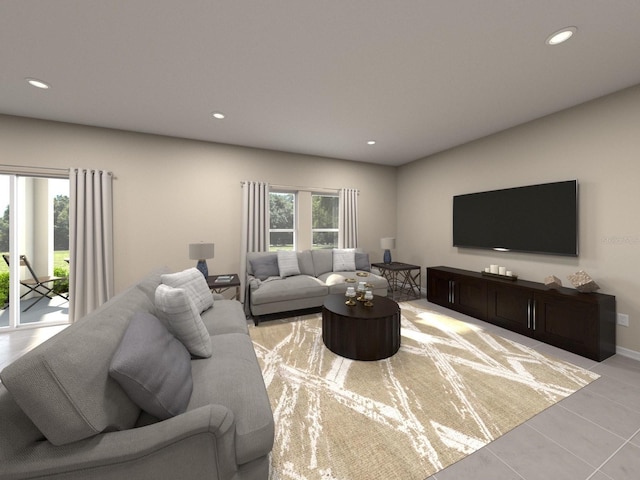 living room with recessed lighting and light tile patterned floors