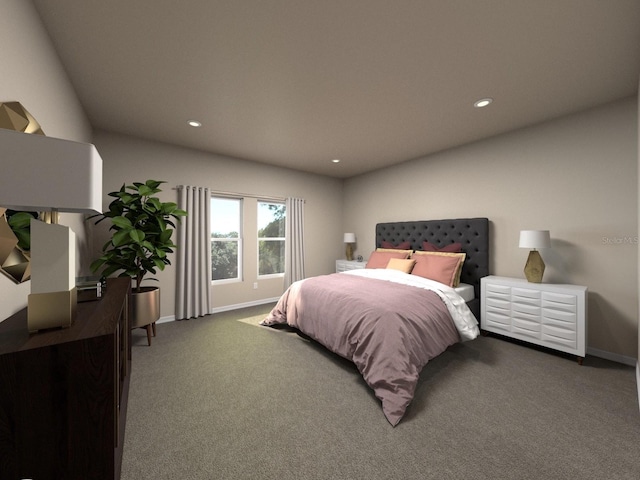 bedroom with carpet floors, recessed lighting, and baseboards