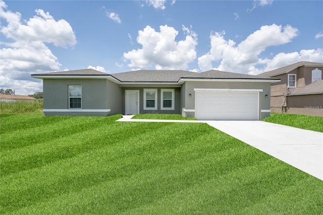 view of front of house featuring an attached garage, driveway, a front lawn, and stucco siding