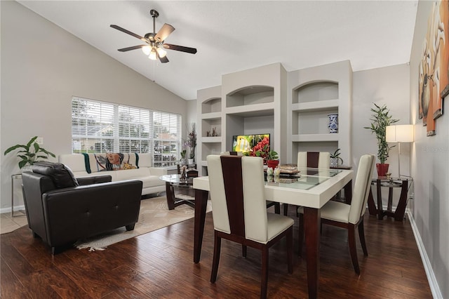 dining space featuring ceiling fan, built in shelves, hardwood / wood-style flooring, and baseboards