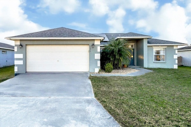 single story home featuring stucco siding, driveway, a front lawn, roof with shingles, and an attached garage