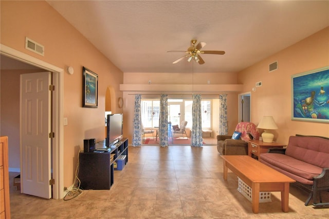 living room with visible vents and ceiling fan