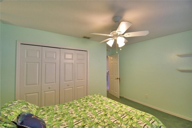 unfurnished bedroom featuring a closet, baseboards, carpet, and visible vents