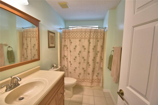 bathroom featuring tile patterned floors, visible vents, toilet, shower / tub combo, and vanity