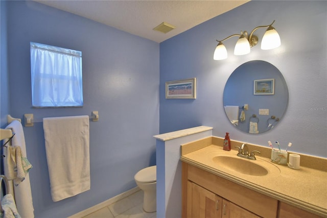 bathroom with tile patterned floors, visible vents, toilet, baseboards, and vanity