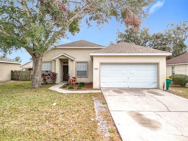 ranch-style home with driveway, a garage, fence, a front lawn, and stucco siding