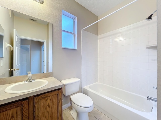 bathroom with shower / bath combination, visible vents, toilet, a textured ceiling, and tile patterned floors