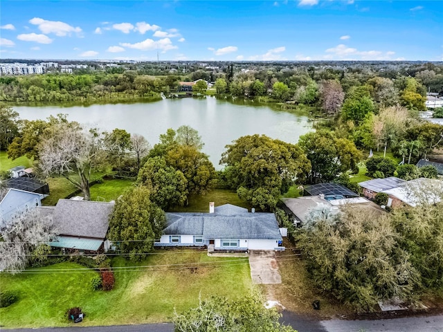 aerial view featuring a water view