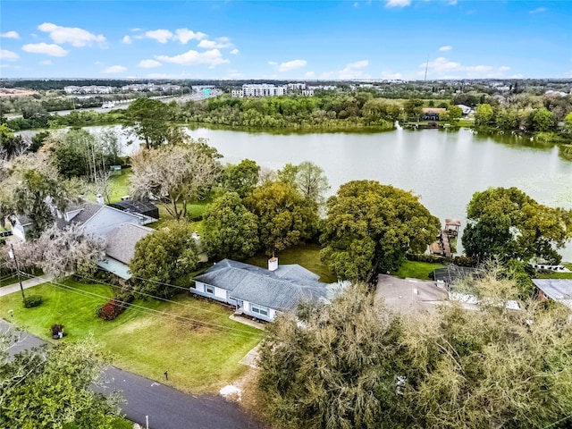 drone / aerial view with a water view