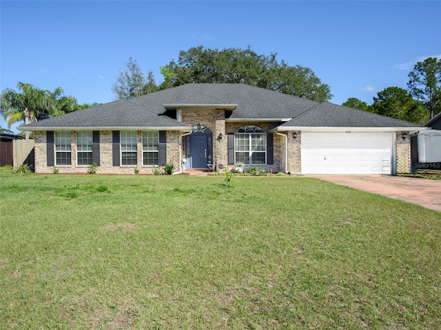 ranch-style house featuring a garage, driveway, a shingled roof, and a front lawn