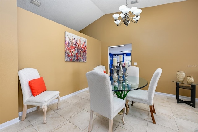 dining room featuring light tile patterned floors, baseboards, visible vents, lofted ceiling, and a notable chandelier