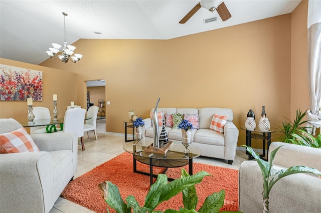 living room with light tile patterned floors, visible vents, vaulted ceiling, baseboards, and ceiling fan with notable chandelier