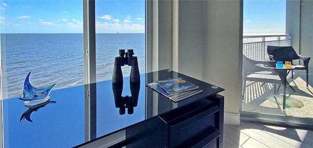 interior space with a water view