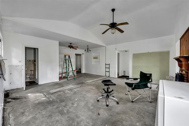 miscellaneous room with lofted ceiling, concrete floors, and a ceiling fan