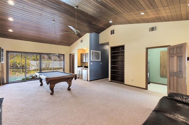 game room featuring high vaulted ceiling, pool table, carpet floors, and visible vents