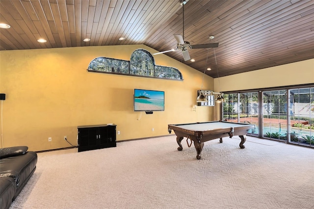 rec room with recessed lighting, carpet flooring, wood ceiling, and baseboards