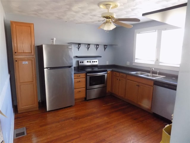 kitchen featuring visible vents, dark countertops, appliances with stainless steel finishes, dark wood-type flooring, and a sink