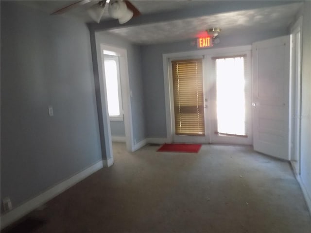 empty room with a ceiling fan, a wealth of natural light, and baseboards