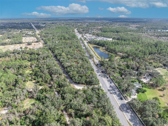 bird's eye view with a water view and a forest view