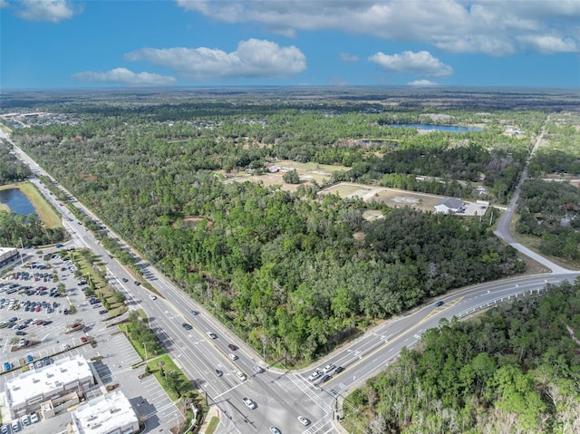 aerial view featuring a water view and a wooded view