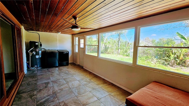 unfurnished sunroom featuring wooden ceiling, ceiling fan, and heat pump water heater