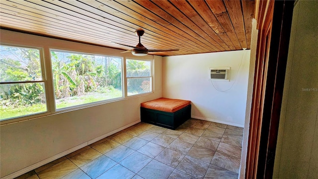 interior space with a ceiling fan, wooden ceiling, and a wall unit AC