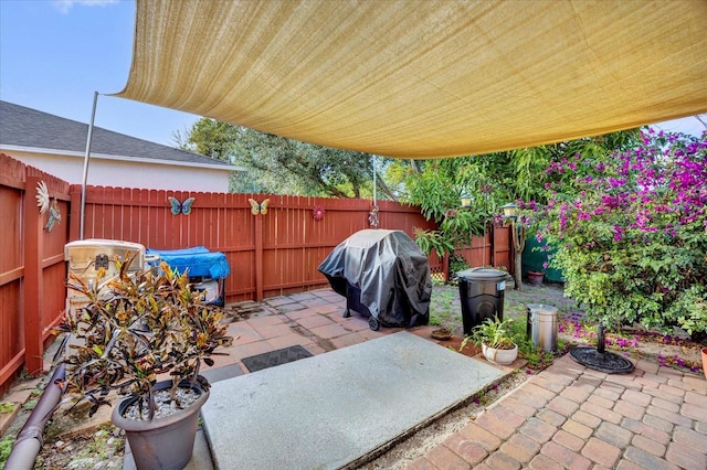 view of patio featuring a fenced backyard and area for grilling