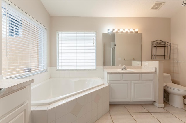 full bath featuring visible vents, tile patterned flooring, vanity, a shower stall, and a bath