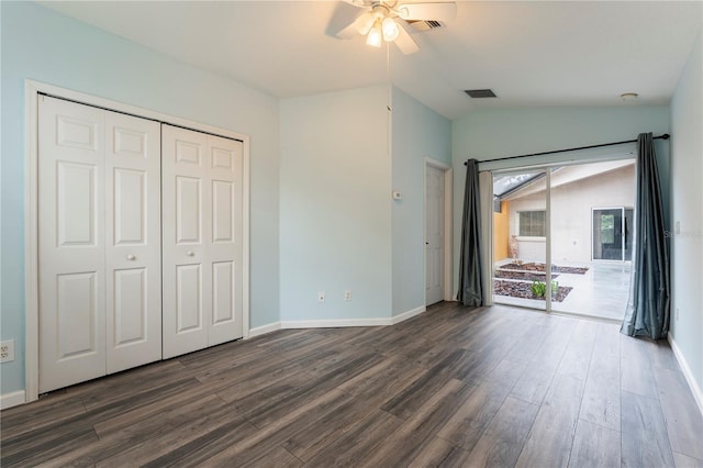 unfurnished bedroom featuring lofted ceiling, visible vents, baseboards, access to outside, and dark wood finished floors