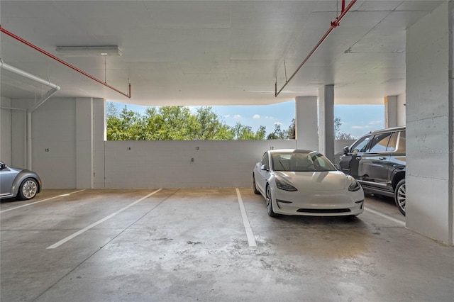 parking deck with concrete block wall