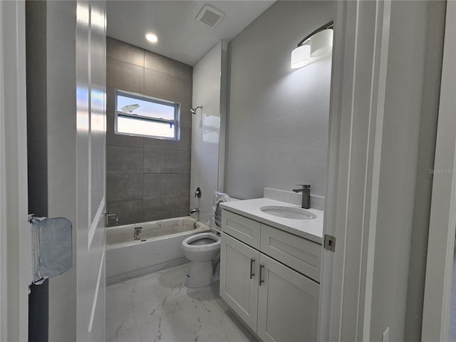 bathroom featuring toilet, shower / bath combination, visible vents, vanity, and marble finish floor