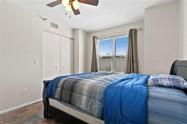 bedroom featuring a closet, visible vents, ceiling fan, a textured ceiling, and baseboards