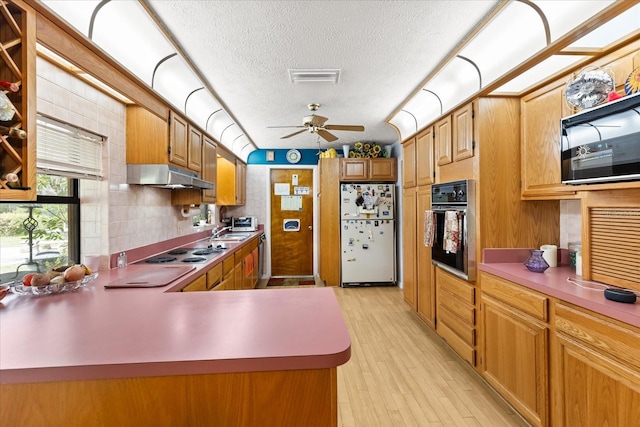 kitchen with under cabinet range hood, a sink, a ceiling fan, visible vents, and black appliances