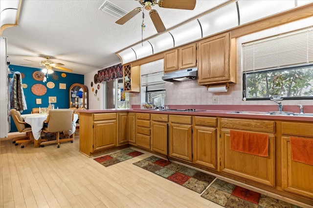 kitchen featuring light wood-style floors, a sink, a textured ceiling, a peninsula, and under cabinet range hood