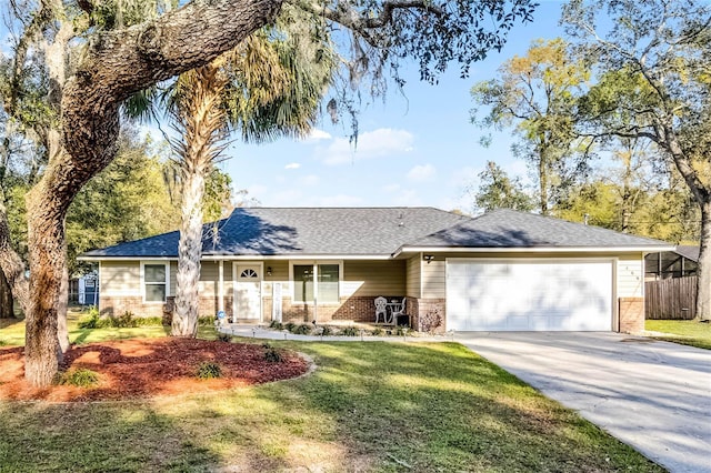 ranch-style house featuring a garage, concrete driveway, a front lawn, and fence