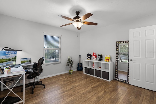 office with ceiling fan, wood finished floors, and baseboards