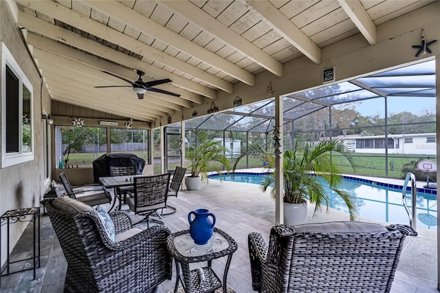 view of patio featuring an outdoor pool, a lanai, ceiling fan, and an outdoor living space