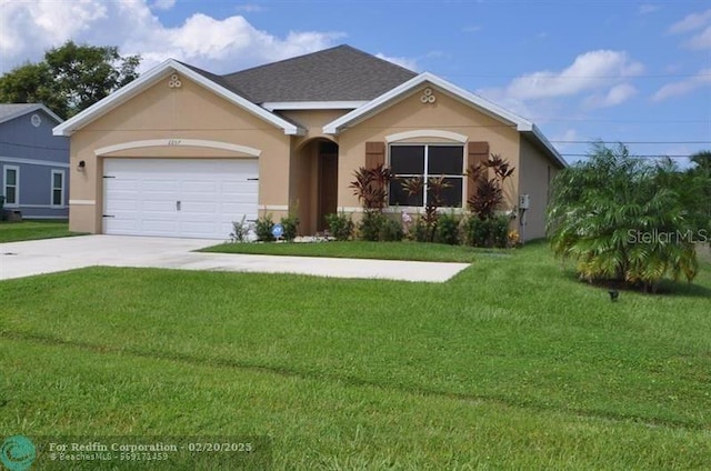 ranch-style home featuring concrete driveway, a front yard, and stucco siding