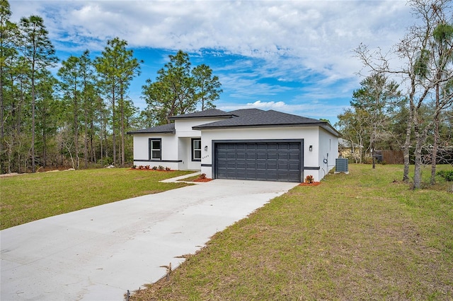 view of front of property with a front lawn, an attached garage, central AC, and stucco siding