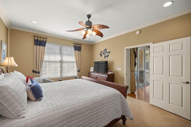 bedroom featuring light carpet, ceiling fan, crown molding, and recessed lighting