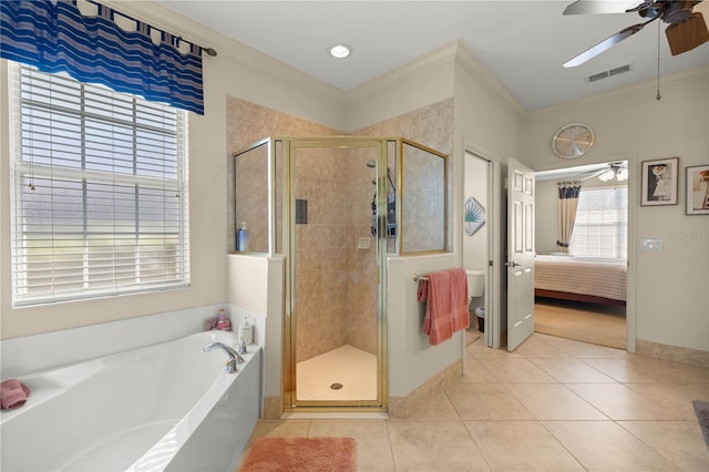 ensuite bathroom featuring a garden tub, crown molding, visible vents, ensuite bathroom, and tile patterned flooring