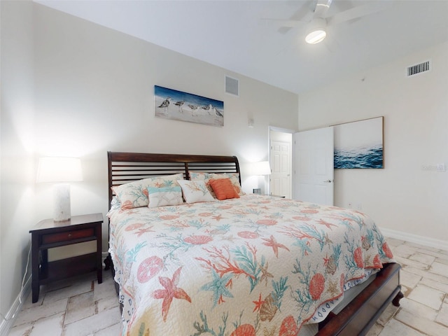 bedroom with ceiling fan, visible vents, and baseboards