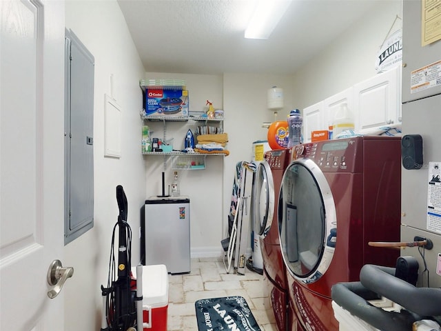 laundry area featuring marble finish floor, washer and clothes dryer, cabinet space, water heater, and electric panel