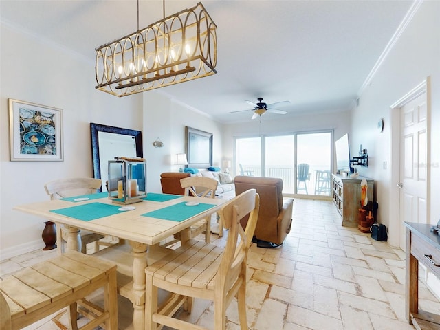 dining space with ceiling fan with notable chandelier and crown molding