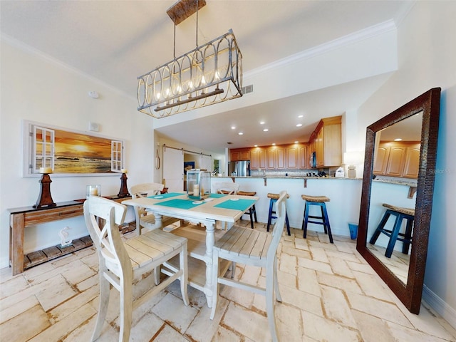 dining area with recessed lighting, visible vents, baseboards, ornamental molding, and stone tile flooring