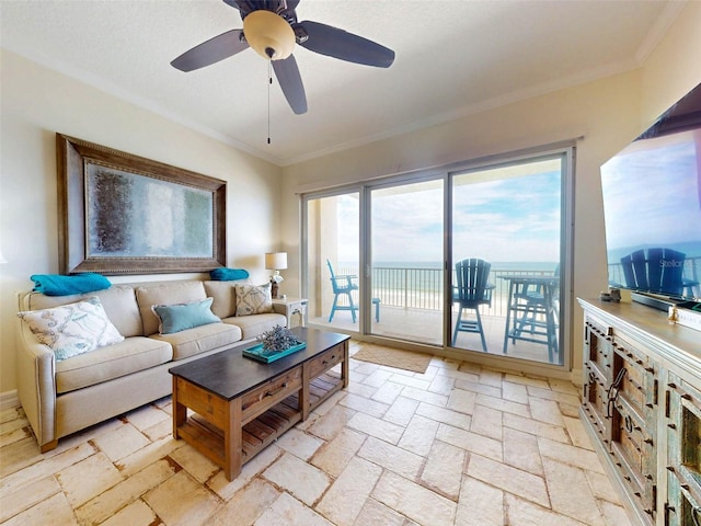 living room with ceiling fan, ornamental molding, and stone tile floors