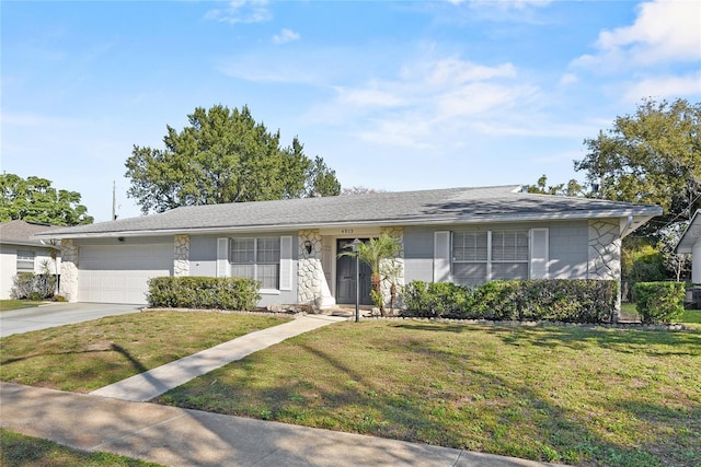 ranch-style house featuring driveway, a front lawn, an attached garage, and stone siding